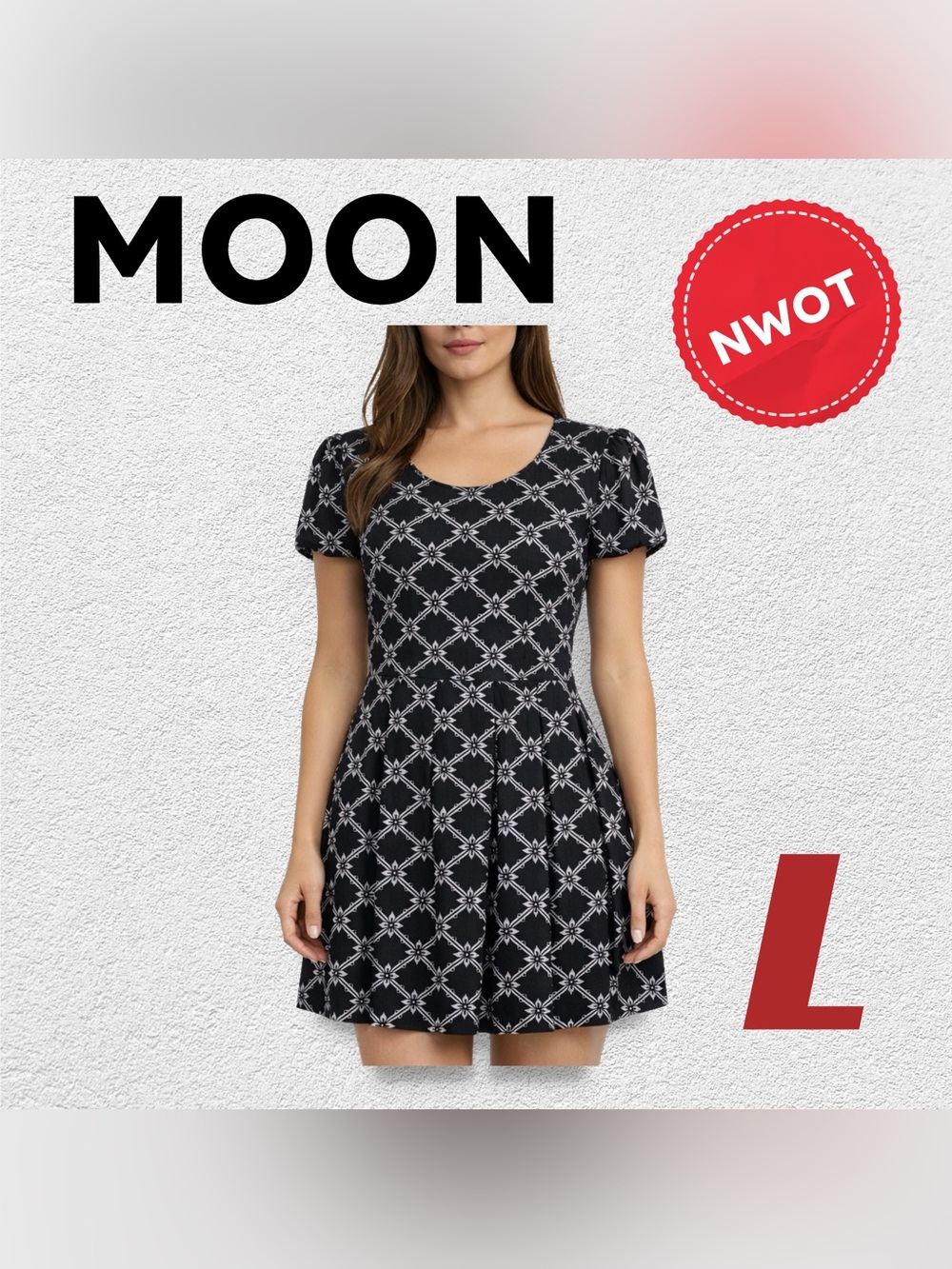 🆕NWOT MOON | L | Black & White geometric printed casual chic mini dress